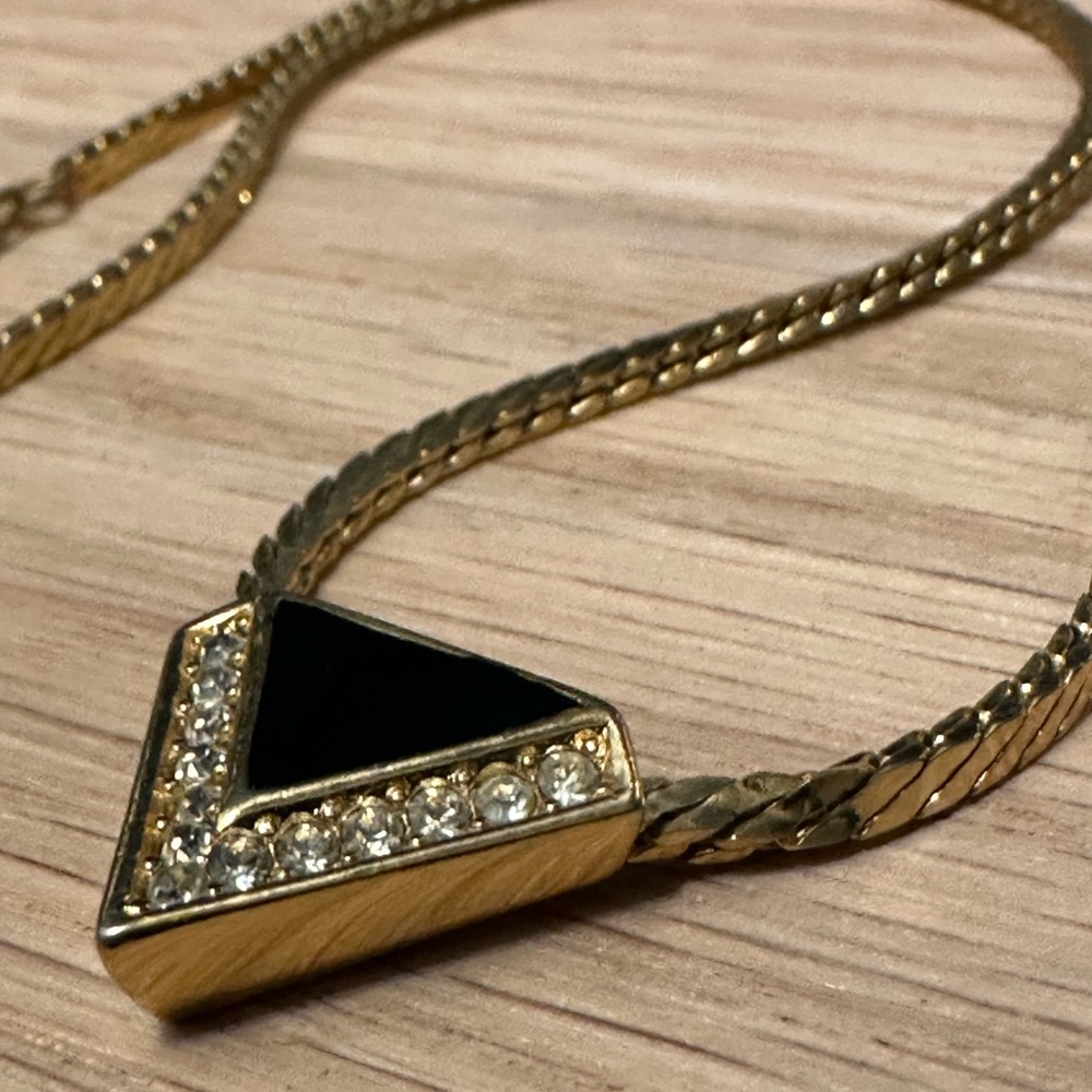 Christian Dior Vintage Black Enamel & Rhinestone V Necklace (Gold Plated) - Picture 7 of 7